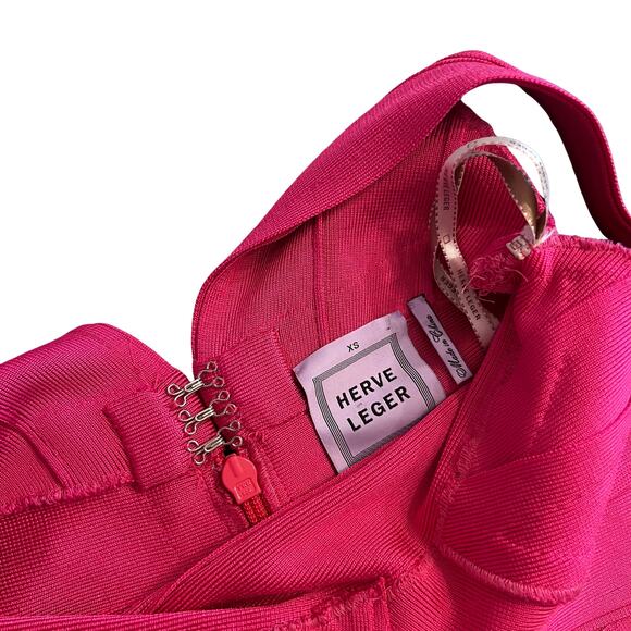 Hervé Léger Fuchsia Bandage Dress XS Deep V Bodycon Mini Clubwear Cocktail - Picture 9 of 14